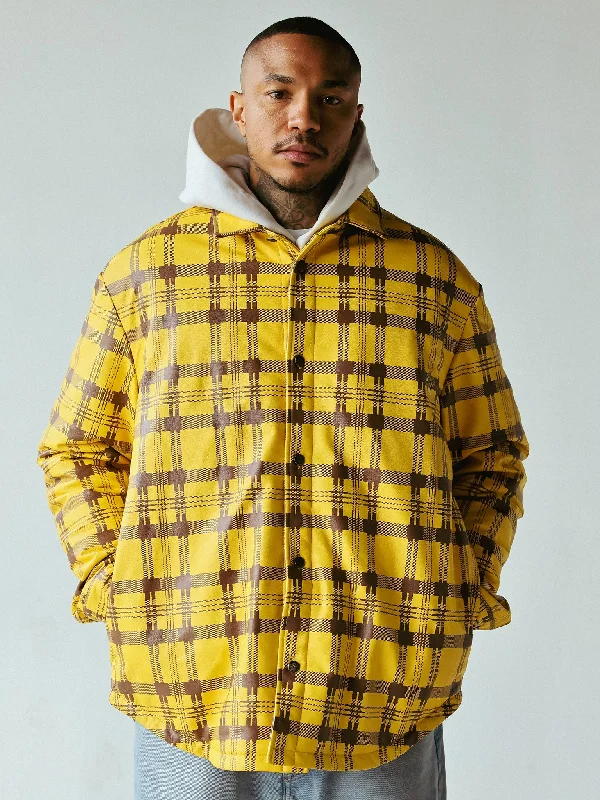 Weekend Savings Fiesta PLAID LEATHER PUFFER SHIRT | YELLOW+BROWN
