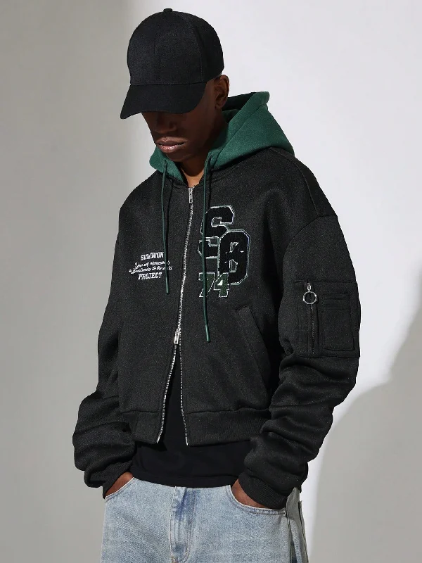 Epic Deals Crop Fit Zip Through Bomber Hoodie With Contrast Hood & Towel Applique Embroidery