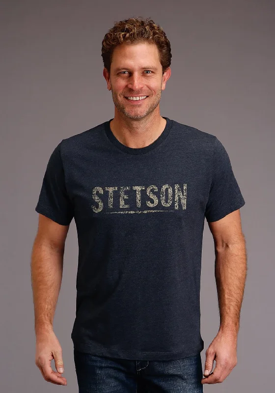Major Savings Stetson Mens Blue Cotton Blend Distressed Logo S/S T-Shirt