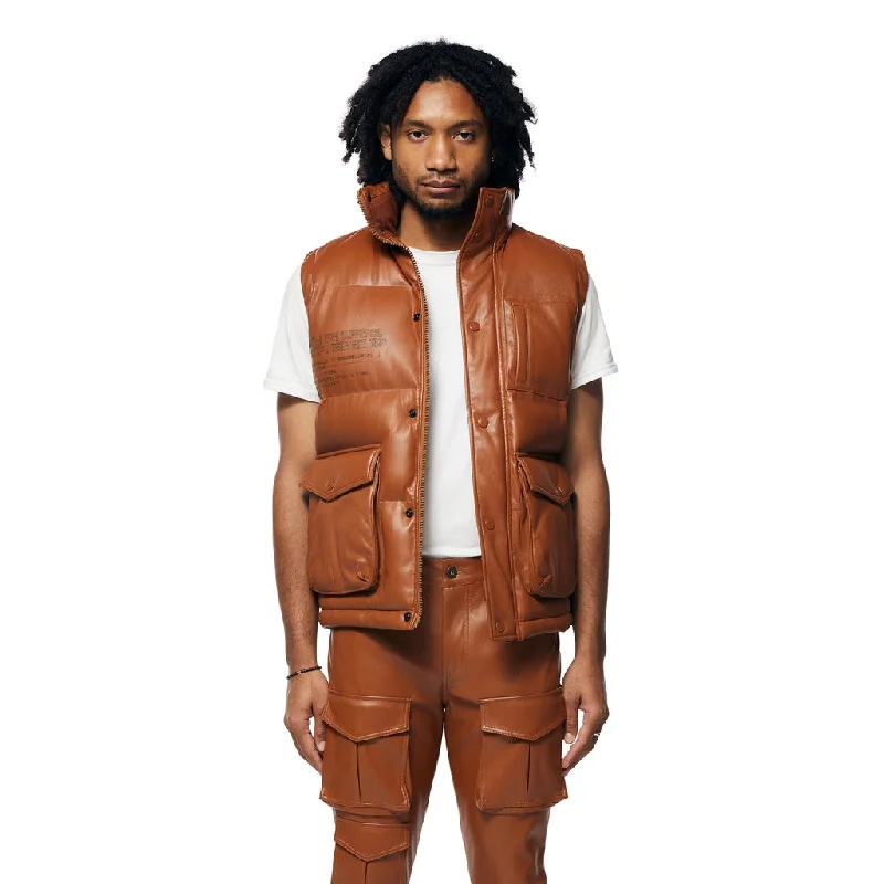 Limited Availability Utility Vegan Leather Vest - Cognac