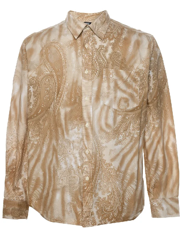 Instant Savings 1990s Paisley Print Light Brown & White Shirt - M