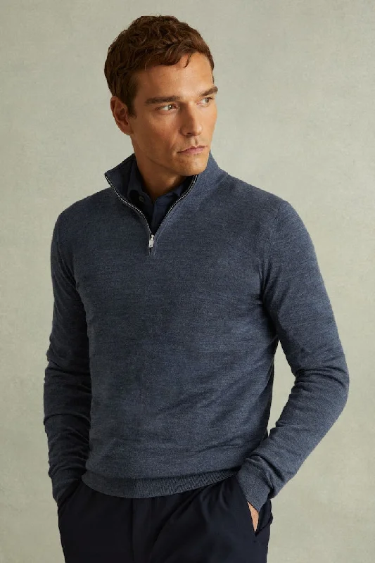Stock Clearance Sw01 Half-Zip Funnel Neck Ribbed Sweater - Denim Blue