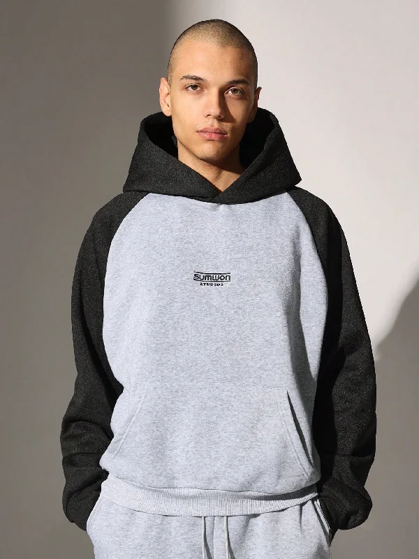 Special Discount Oversized Raglan Sleeve Contrast Colour Overhead Hoodie With Small Graphic Print