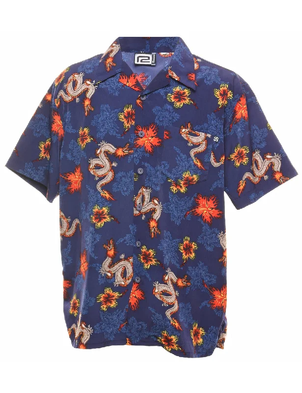 Overstock Clearance 1990s Dragon Design Navy & Orange Shirt - L